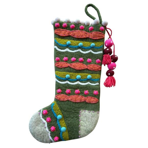 French Knot By Lindsay Mason Christmas Stocking Evergreen Wool Nordic NWT - Picture 1 of 11